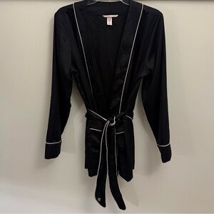 Victoria's Secret Black Satin Robe with White Piping